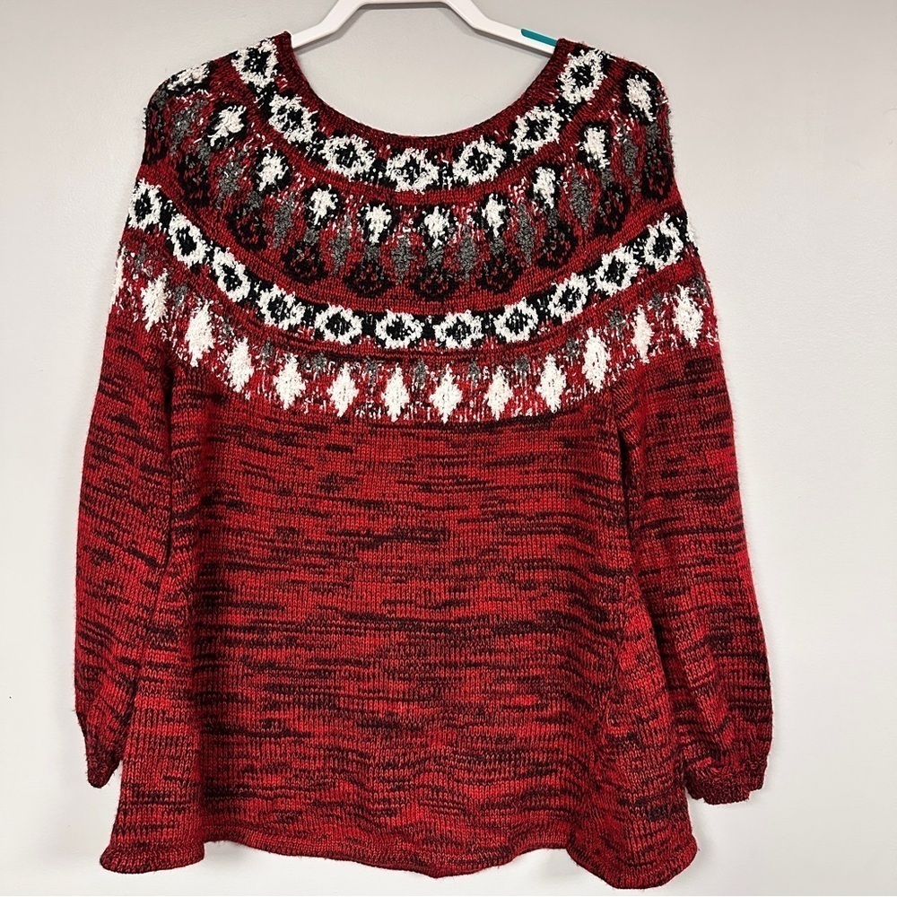 Style and Co. Flared hemline Crimson Patterned Soft Pullover Sweater, M EUC!